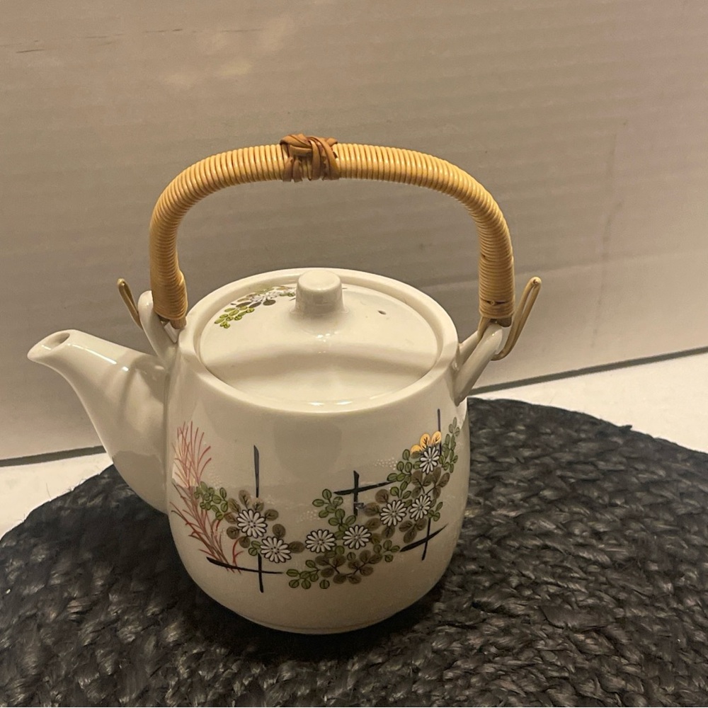 Vintage Japan Floral Ceramic Teapot with Bamboo Handle